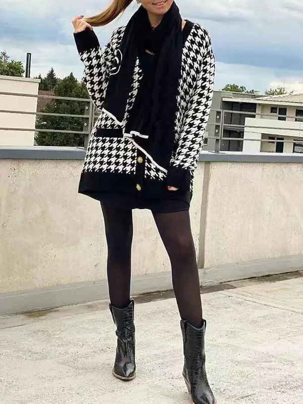 Urban Long Sleeves Checkered V-Neck Cardigan Tops - Image 4