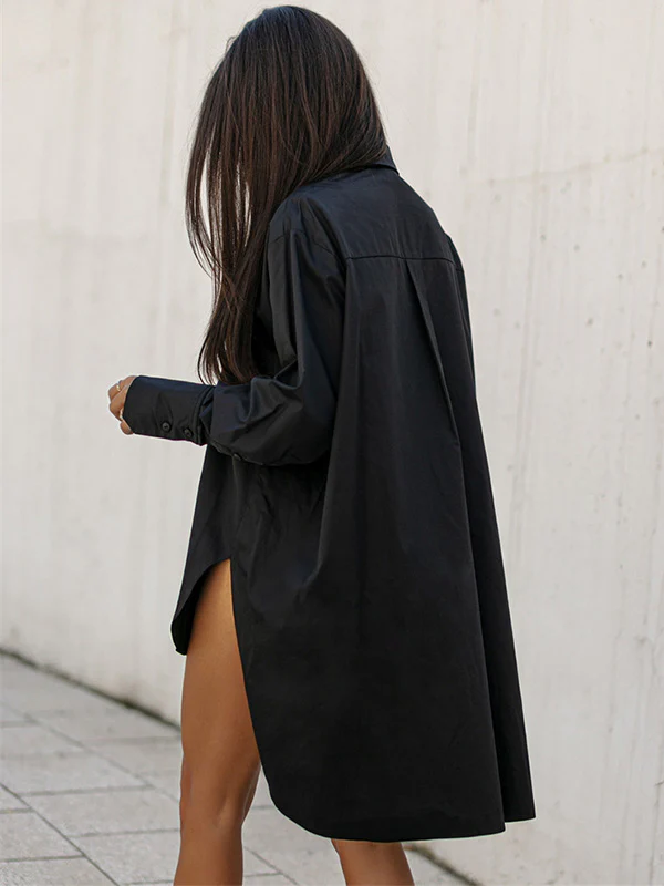 Urban Long Sleeves High-Low Solid Color Lapel Collar Blouses - Image 10