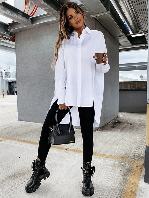 Urban Long Sleeves High-Low Solid Color Lapel Collar Blouses - Image 17