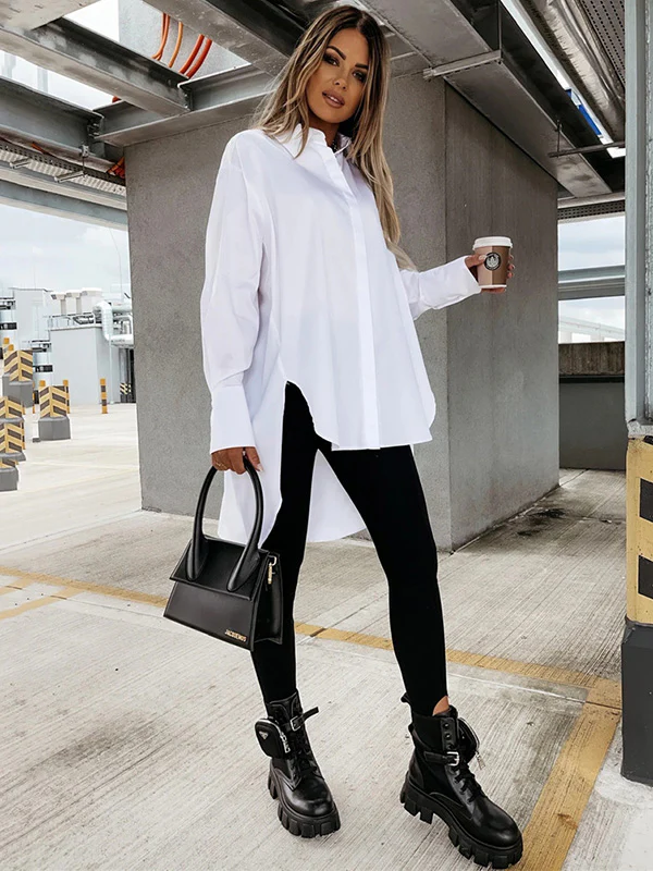 Urban Long Sleeves High-Low Solid Color Lapel Collar Blouses - Image 18
