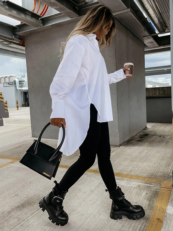 Urban Long Sleeves High-Low Solid Color Lapel Collar Blouses - Image 19