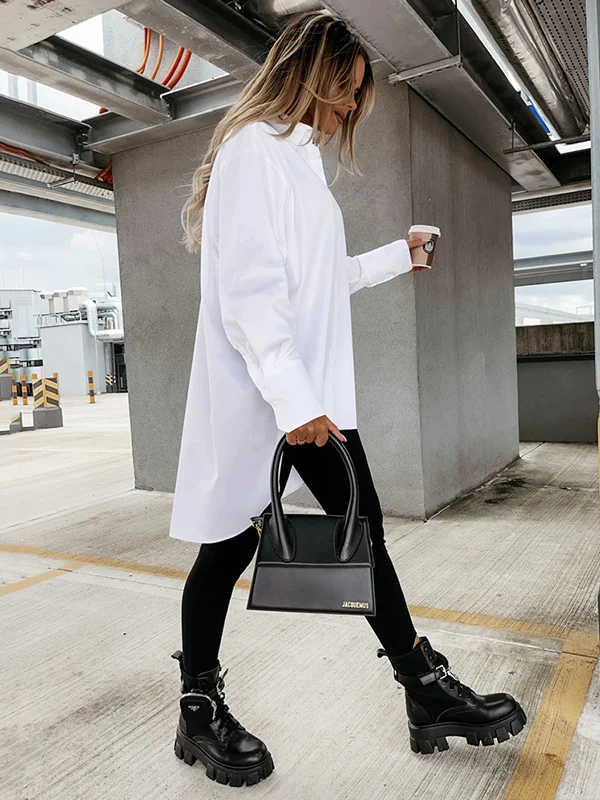 Urban Long Sleeves High-Low Solid Color Lapel Collar Blouses - Image 20