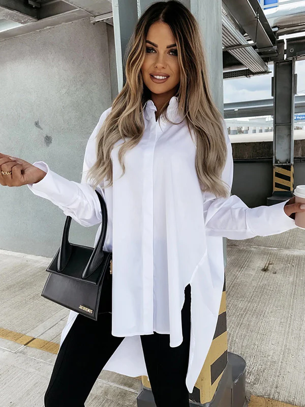 Urban Long Sleeves High-Low Solid Color Lapel Collar Blouses - Image 3