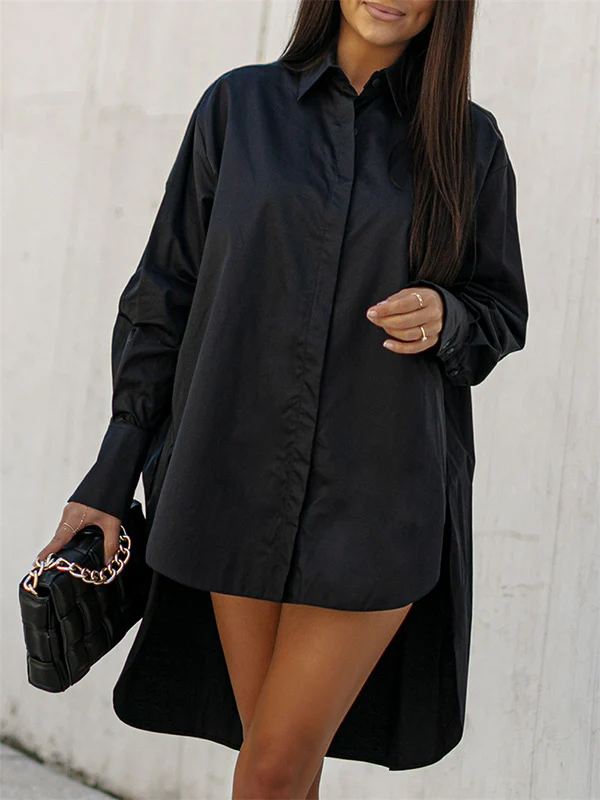 Urban Long Sleeves High-Low Solid Color Lapel Collar Blouses - Image 4