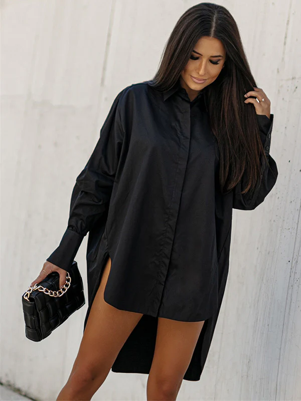 Urban Long Sleeves High-Low Solid Color Lapel Collar Blouses - Image 9