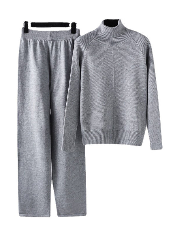 Urban Long Sleeves Loose Solid Half Turtleneck Sweater Tops & Wide Leg Pants Two Pieces Set - Image 10