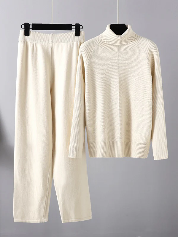 Urban Long Sleeves Loose Solid Half Turtleneck Sweater Tops & Wide Leg Pants Two Pieces Set - Image 2