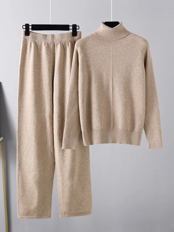 Urban Long Sleeves Loose Solid Half Turtleneck Sweater Tops & Wide Leg Pants Two Pieces Set - Image 3