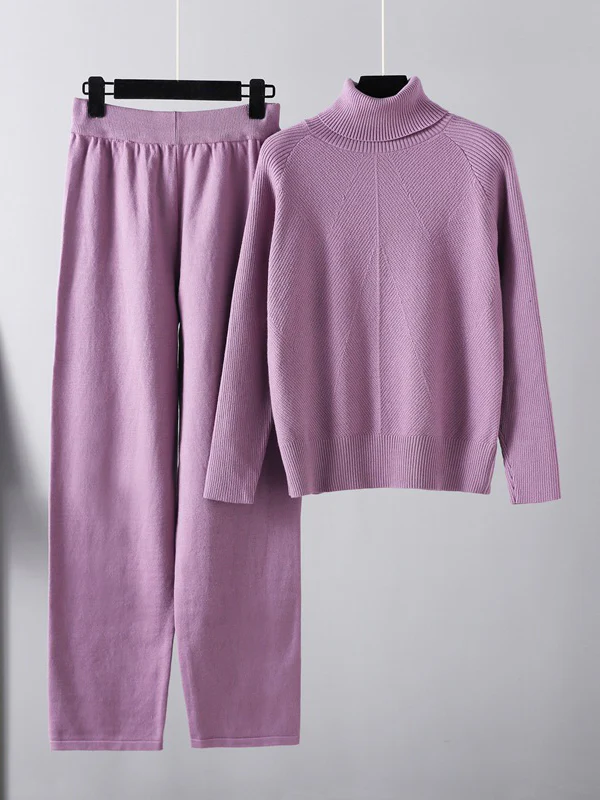 Urban Long Sleeves Loose Solid Half Turtleneck Sweater Tops & Wide Leg Pants Two Pieces Set - Image 4