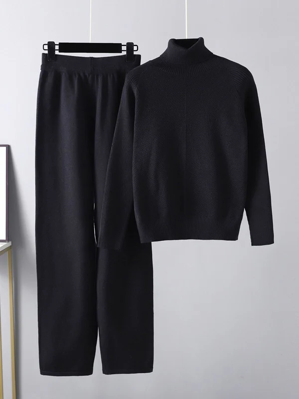 Urban Long Sleeves Loose Solid Half Turtleneck Sweater Tops & Wide Leg Pants Two Pieces Set - Image 5