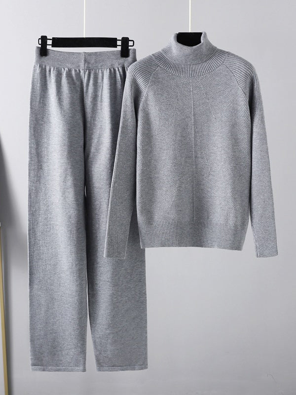 Urban Long Sleeves Loose Solid Half Turtleneck Sweater Tops & Wide Leg Pants Two Pieces Set - Image 6