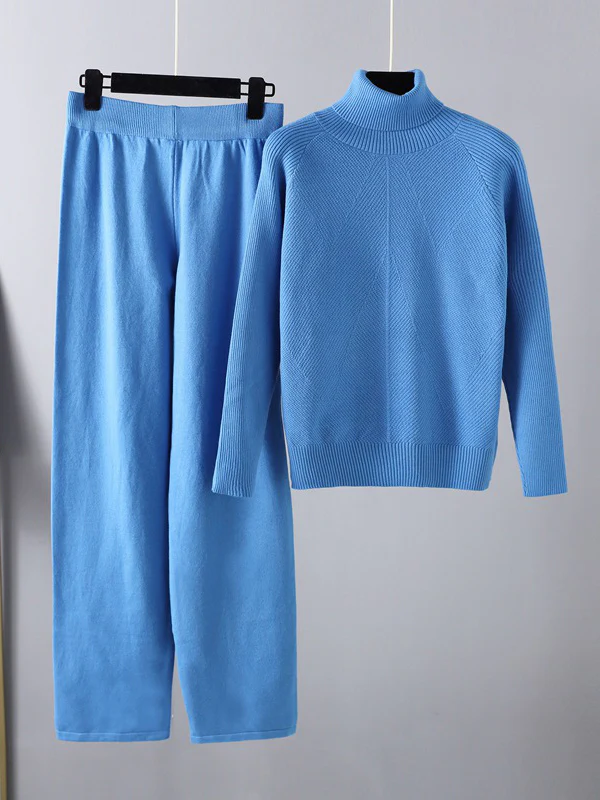 Urban Long Sleeves Loose Solid Half Turtleneck Sweater Tops & Wide Leg Pants Two Pieces Set - Image 7