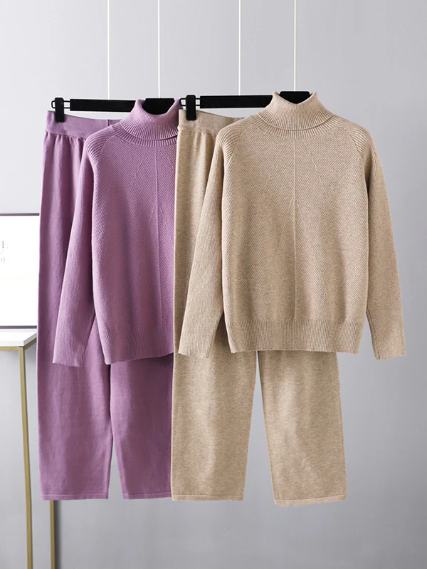 Urban Long Sleeves Loose Solid Half Turtleneck Sweater Tops & Wide Leg Pants Two Pieces Set - Image 8