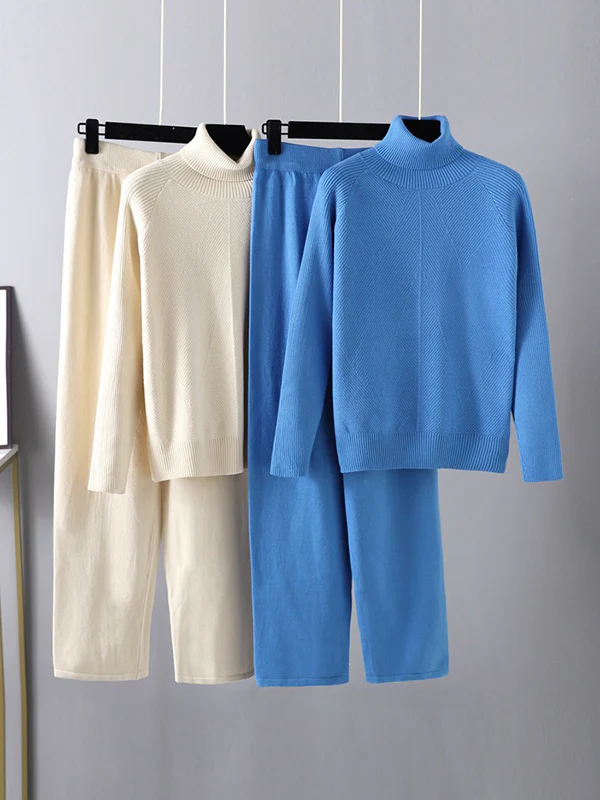 Urban Long Sleeves Loose Solid Half Turtleneck Sweater Tops & Wide Leg Pants Two Pieces Set - Image 9