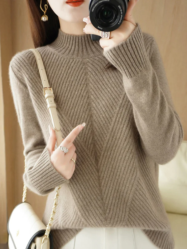 Urban Long Sleeves Solid Color Half Turtleneck Sweater Tops - Image 13