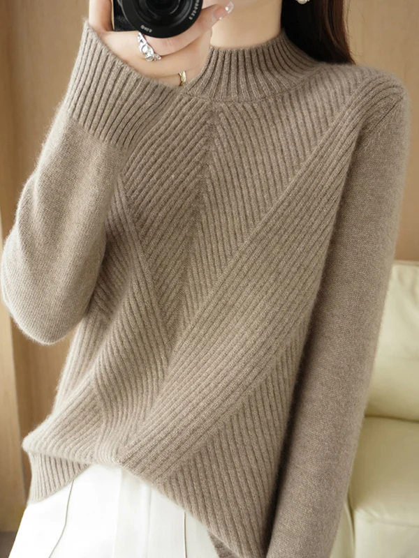 Urban Long Sleeves Solid Color Half Turtleneck Sweater Tops - Image 14