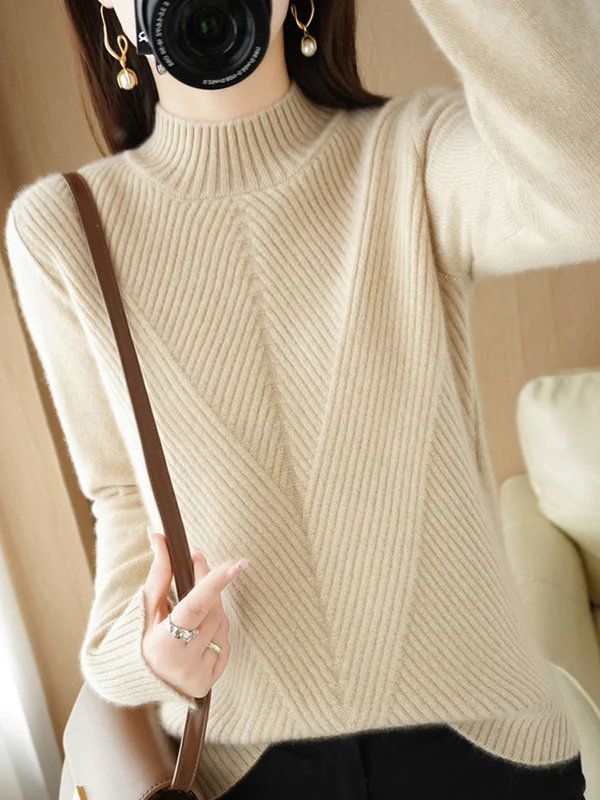Urban Long Sleeves Solid Color Half Turtleneck Sweater Tops - Image 16