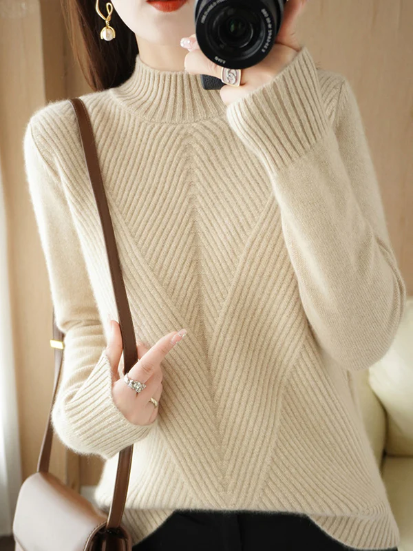 Urban Long Sleeves Solid Color Half Turtleneck Sweater Tops - Image 3