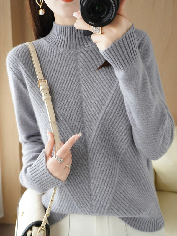 Urban Long Sleeves Solid Color Half Turtleneck Sweater Tops - Image 32