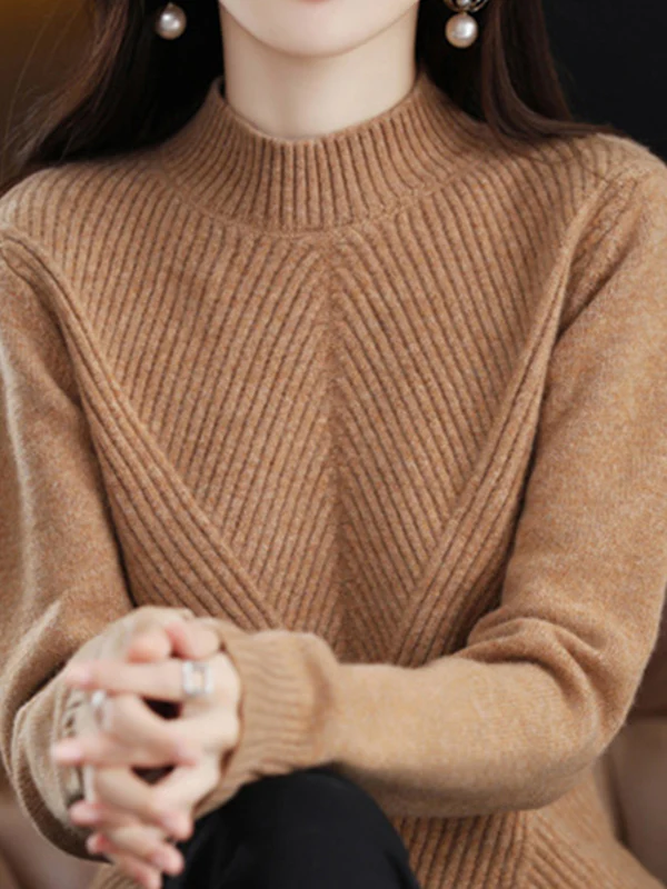 Urban Long Sleeves Solid Color Half Turtleneck Sweater Tops - Image 34