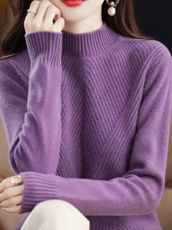 Urban Long Sleeves Solid Color Half Turtleneck Sweater Tops - Image 36