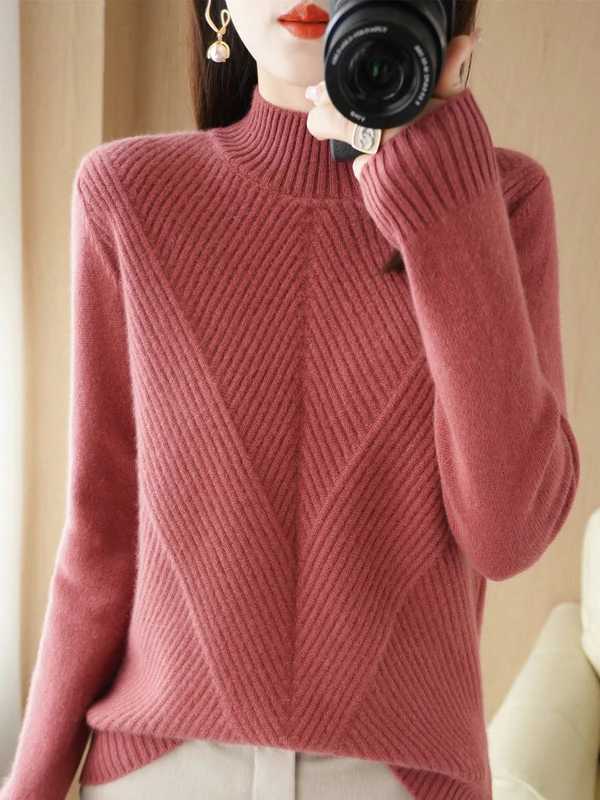 Urban Long Sleeves Solid Color Half Turtleneck Sweater Tops - Image 4