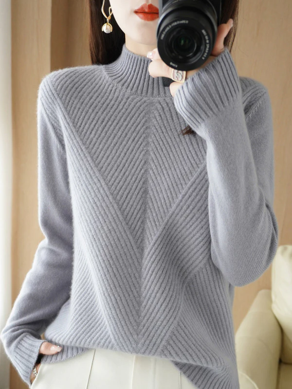 Urban Long Sleeves Solid Color Half Turtleneck Sweater Tops - Image 5