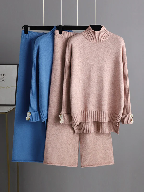 Urban Long Sleeves Solid Color Half Turtleneck Sweater Tops & Wide Leg Pants Two Pieces Set - Image 2