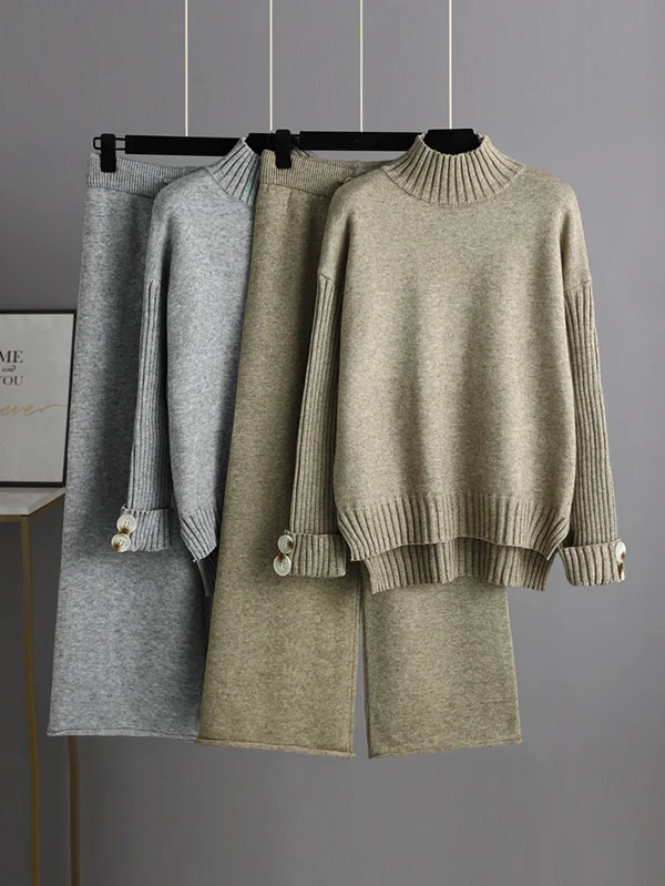 Urban Long Sleeves Solid Color Half Turtleneck Sweater Tops & Wide Leg Pants Two Pieces Set - Image 3
