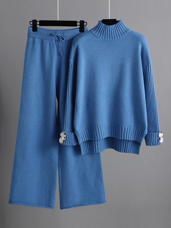 Urban Long Sleeves Solid Color Half Turtleneck Sweater Tops & Wide Leg Pants Two Pieces Set - Image 4