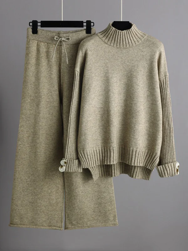 Urban Long Sleeves Solid Color Half Turtleneck Sweater Tops & Wide Leg Pants Two Pieces Set - Image 5