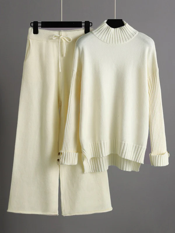 Urban Long Sleeves Solid Color Half Turtleneck Sweater Tops & Wide Leg Pants Two Pieces Set - Image 6