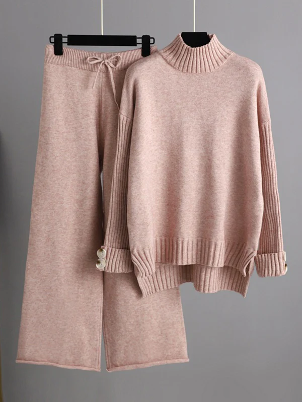 Urban Long Sleeves Solid Color Half Turtleneck Sweater Tops & Wide Leg Pants Two Pieces Set - Image 7