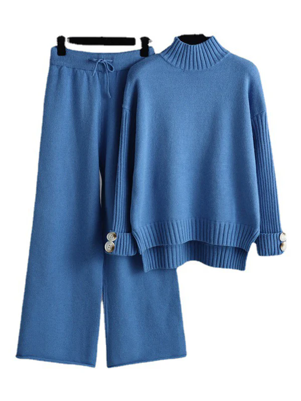 Urban Long Sleeves Solid Color Half Turtleneck Sweater Tops & Wide Leg Pants Two Pieces Set - Image 8