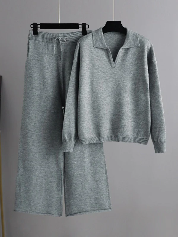 Urban Long Sleeves Solid Color Polo Sweater Tops & Wide Leg Pants Two Pieces Set - Image 2