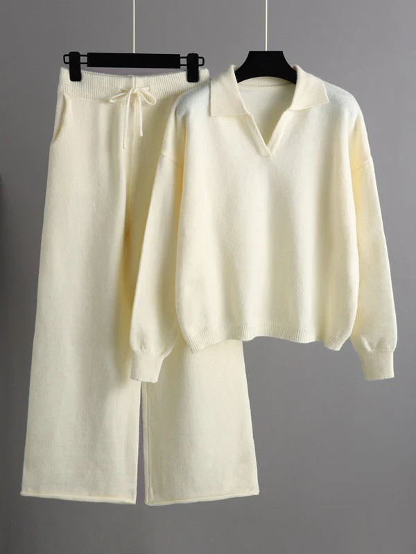Urban Long Sleeves Solid Color Polo Sweater Tops & Wide Leg Pants Two Pieces Set - Image 3
