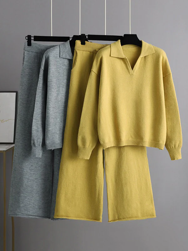 Urban Long Sleeves Solid Color Polo Sweater Tops & Wide Leg Pants Two Pieces Set - Image 4