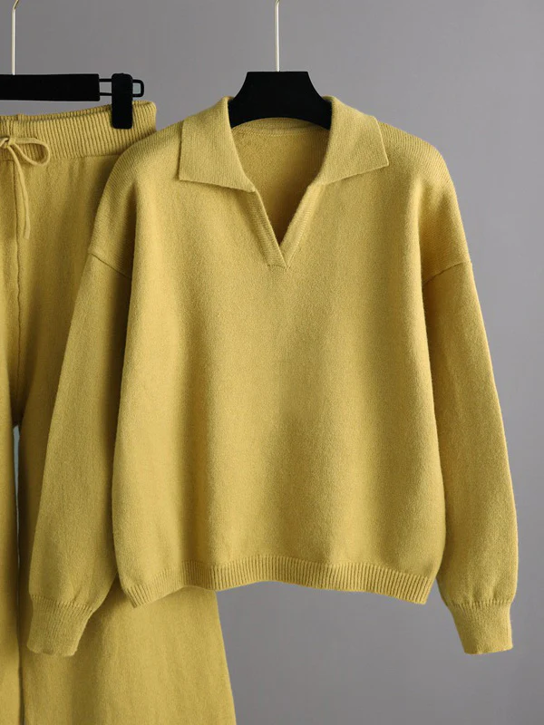 Urban Long Sleeves Solid Color Polo Sweater Tops & Wide Leg Pants Two Pieces Set - Image 5