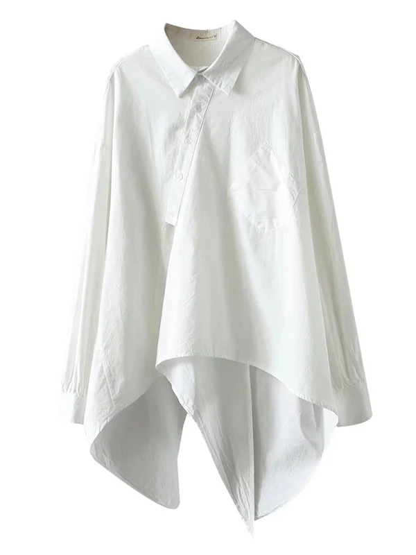 Urban Loose Black White Long Sleeves Irregular Blouse - Image 5
