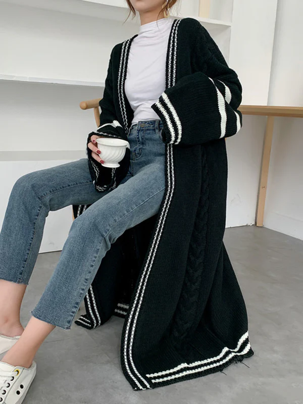 Urban Loose Contrast Color Striped Cardigan Coat - Image 11