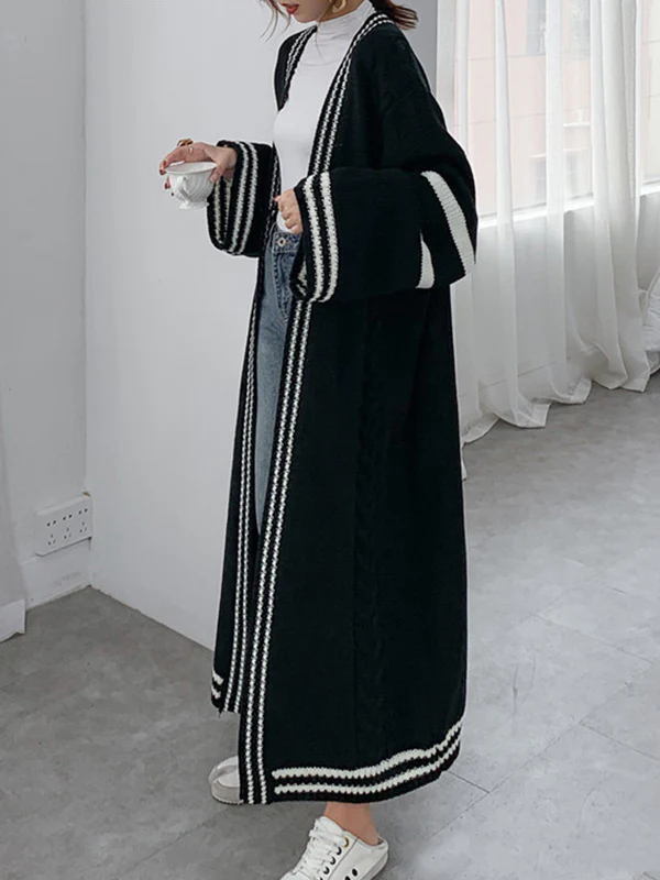 Urban Loose Contrast Color Striped Cardigan Coat - Image 12