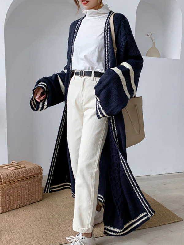 Urban Loose Contrast Color Striped Cardigan Coat - Image 13
