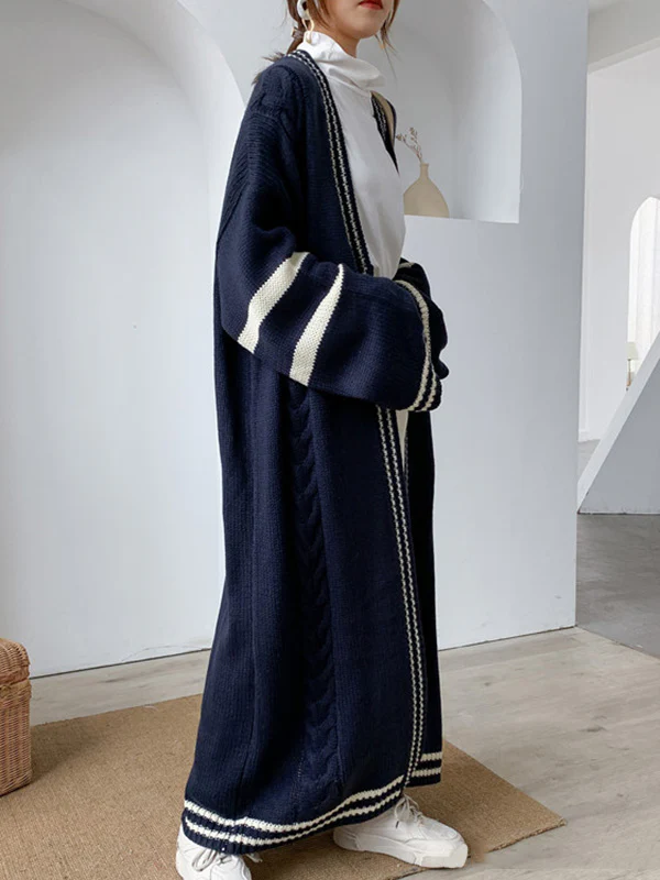 Urban Loose Contrast Color Striped Cardigan Coat - Image 14