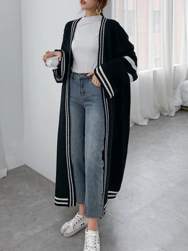 Urban Loose Contrast Color Striped Cardigan Coat - Image 3