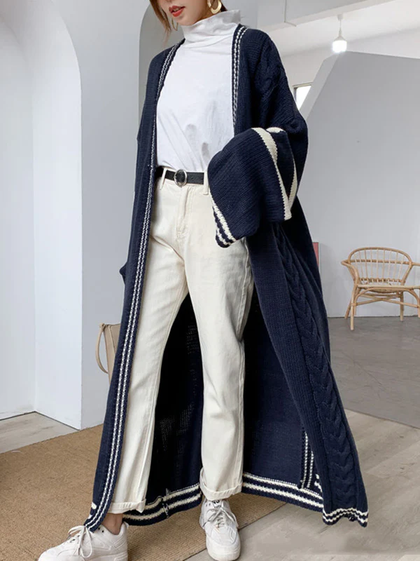 Urban Loose Contrast Color Striped Cardigan Coat - Image 4