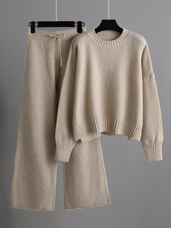 Urban Loose Long Sleeves Solid Color Round-Neck High-Low Sweater Tops & Wide Leg Pants Suits - Image 2