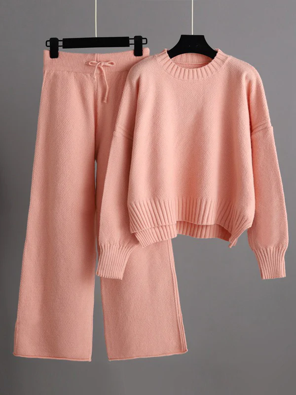 Urban Loose Long Sleeves Solid Color Round-Neck High-Low Sweater Tops & Wide Leg Pants Suits - Image 3
