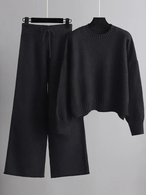 Urban Loose Long Sleeves Solid Color Round-Neck High-Low Sweater Tops & Wide Leg Pants Suits - Image 4