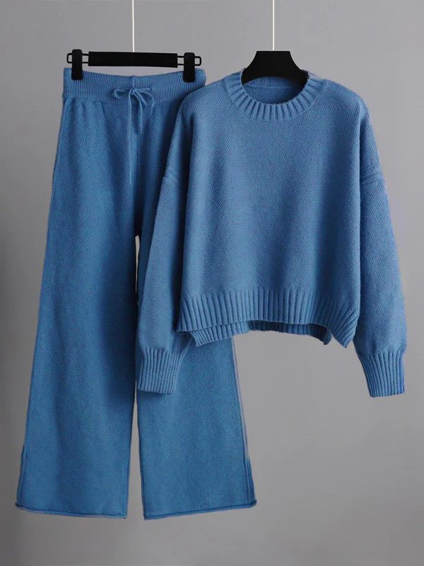 Urban Loose Long Sleeves Solid Color Round-Neck High-Low Sweater Tops & Wide Leg Pants Suits - Image 5