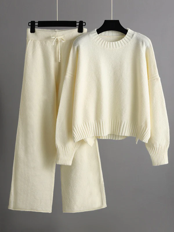Urban Loose Long Sleeves Solid Color Round-Neck High-Low Sweater Tops & Wide Leg Pants Suits - Image 6